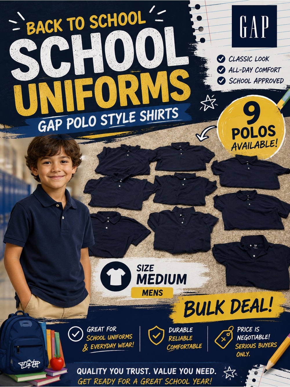 GAP Men’s Medium ' Navy Polo Shirt - School Uniform